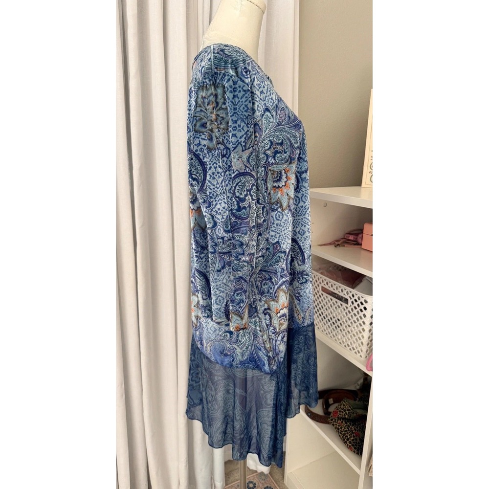 One World Blue Paisley Velvet Sheer Embellished Asymmetric Top XL NWT Boho Fairy - Picture 10 of 16